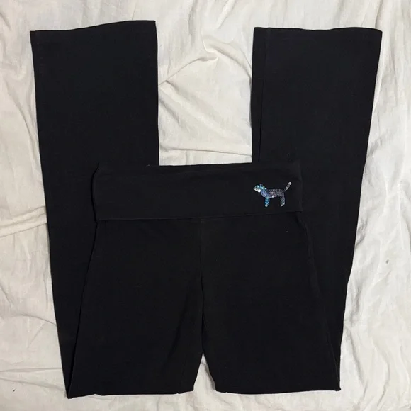 PINK Victoria's Secret Black Fold Over Flare Pants with Sequin Logo - Picture 2 of 4